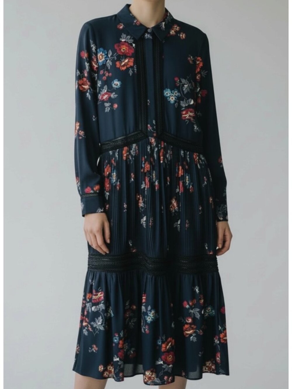 SELF-PORTRAIT Blossom Print Crepe de Chine Dress - Navy - Size 6